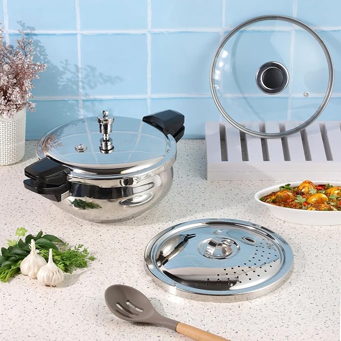 Vinod Magic Stainless Steel Smart 3 in 1 Pressure Cooker 3.5 Litre | 5mm Thick Base | All in One Cooker with Strainer & Glass Lid