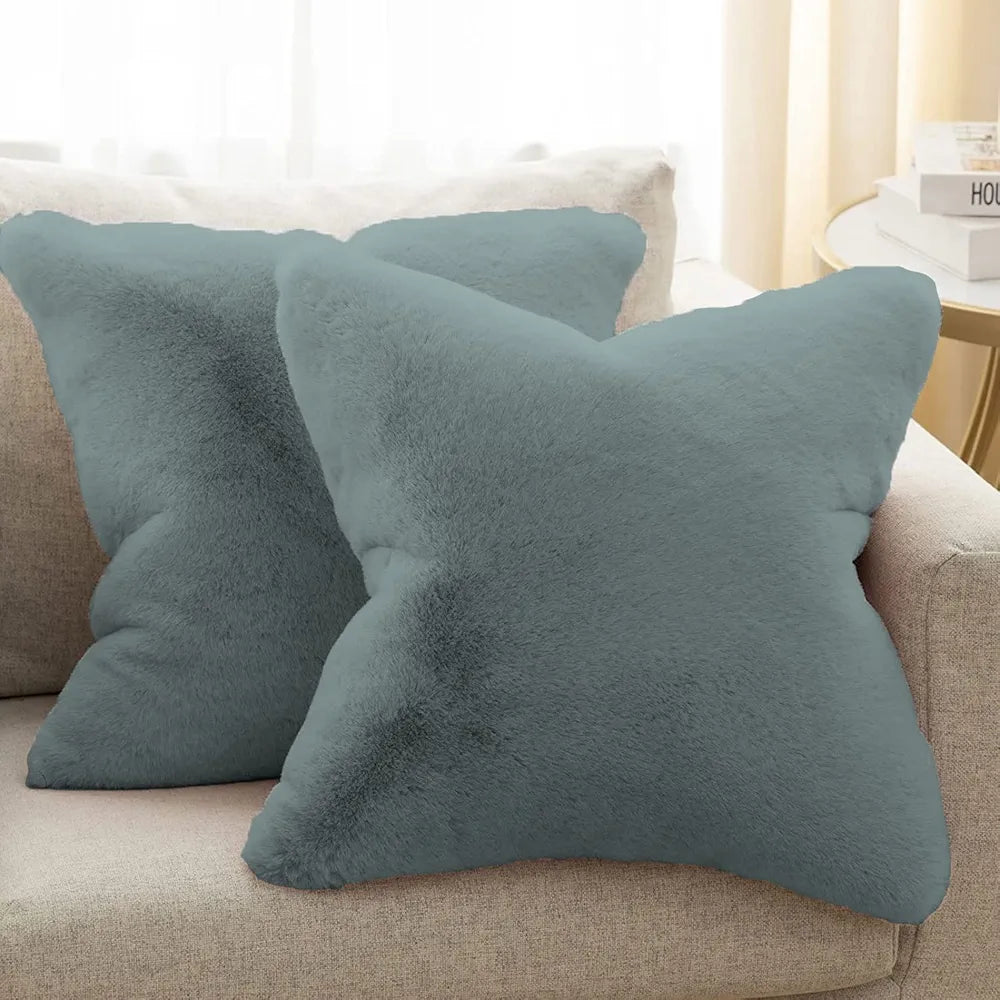 Luxe Home Cushion Cover One Side Rabbit Fur Plain Design Covers Set of 2 Colour Seige