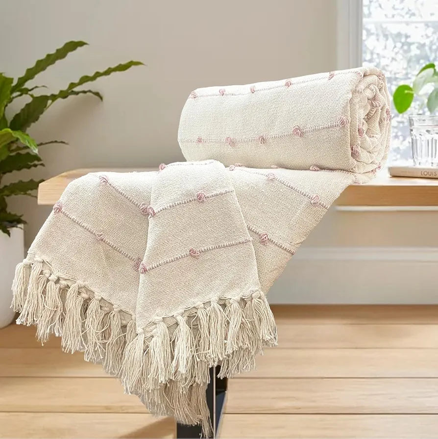 Sajavat Home Hand Knitted Pure Cotton 3 Seater Sofa Throw Beige & Pink