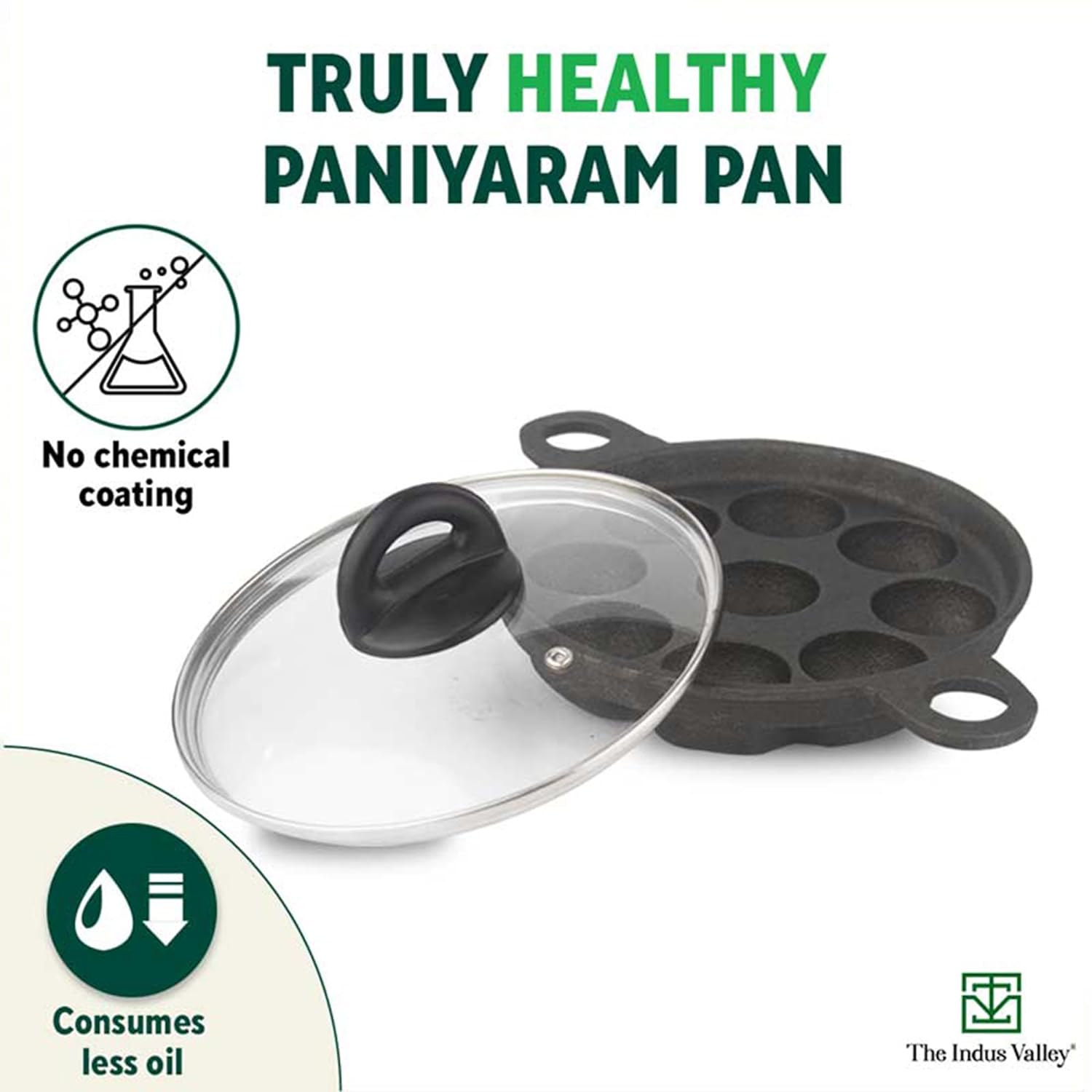 The Indus Valley Super Smooth Cast Iron Paniyaram Pan with Glass Lid | 9 Pit | 20.8cm/8.2inch | 2.7kg | Gas Compatible