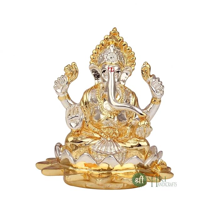 Indicast Gold & Silver Plated Ganesha Idol Murti Sitting on Lotus Kamal Home and Office Decor and Gifts