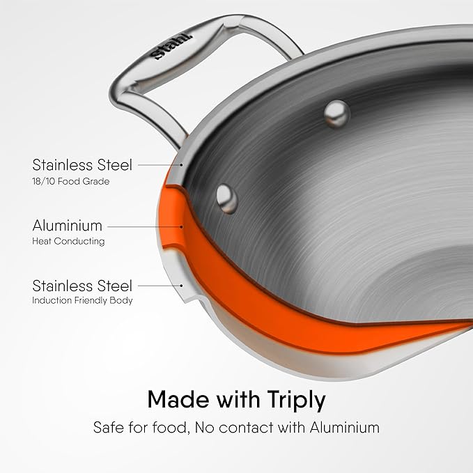 Stahl Artisan Triply Stainless Steel Kadhai With Lid | Kadai for Cooking | Induction & Gas Stove Compatible | 8 Litres | 34 Cm