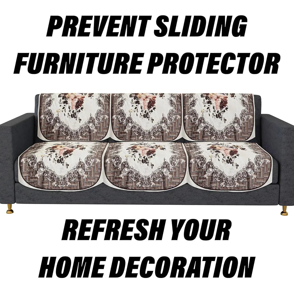Kuber Industries Velvet Sofa Cover Set Brown Colour 5 Seater Couch Cover with Check Border Pattern