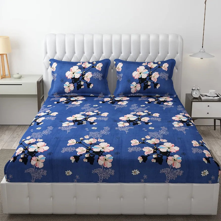 Fresh From Loom Rotary Printed King Size Double Bedsheet Bed Sheets With 2 Pillow Covers 144 TC Blue Denim