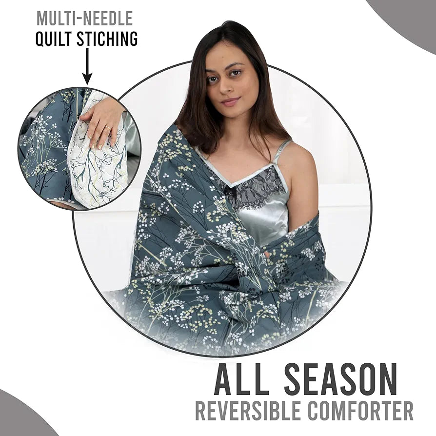 Divine Casa Microfibre All Weather Lightweight 120 GSM Printed Reversible Double Bed Quilt Comforter Blanket TC - 144 Colour Light Grey and White