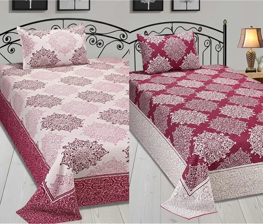 Fresh From Loom Reversible Cotton Bed Sheet Set Single Bedsheet 300 TC Bedsheet with 1 Pillow Covers Wine
