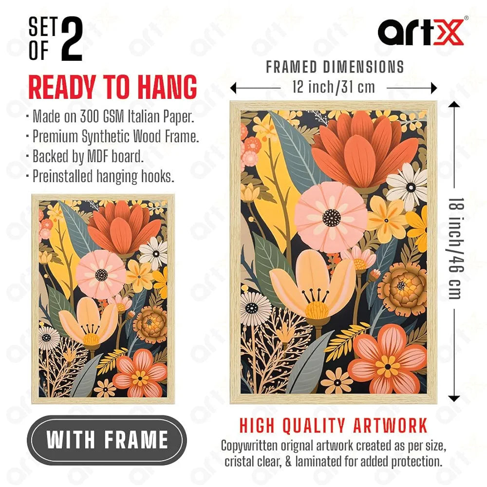 ArtX Paper Boho Art Paintings with Frame Flowers - 08  Set of 2
