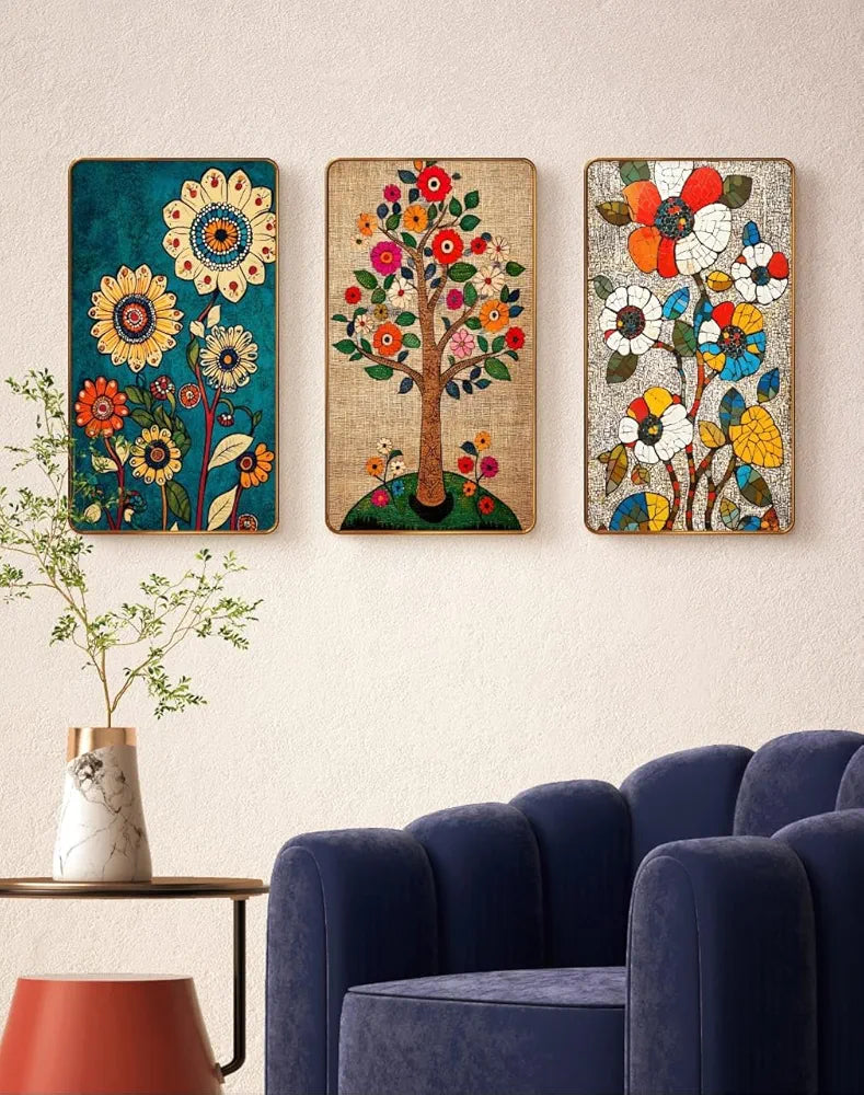 Livin'luxe Set of 3 Modern Art Madhubani Painting Premium Golden Framed Wall Paintings SG15