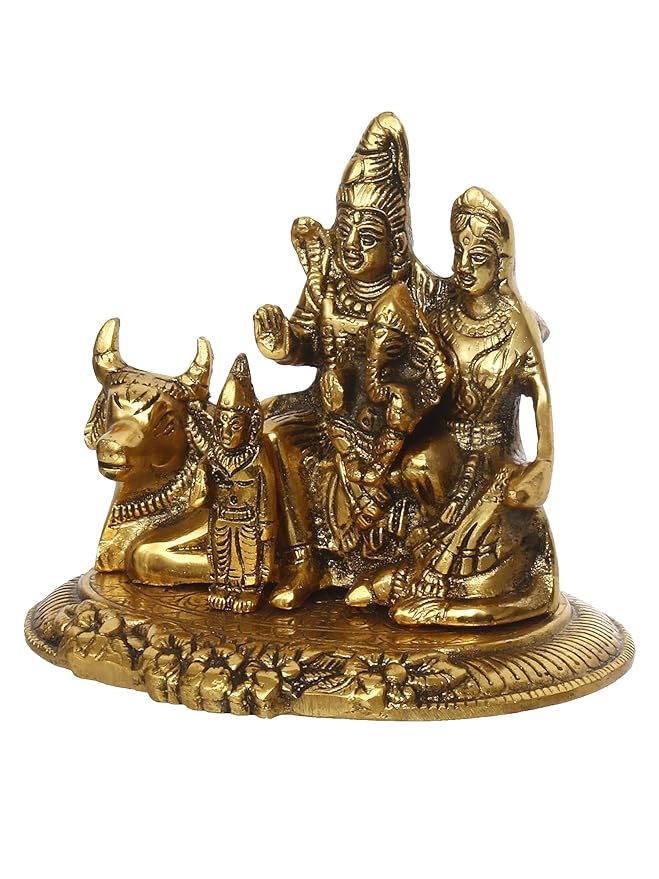 Ecraftindia Golden Metal Handcrafted Lord Shiva, Parvati, Kartik, and Ganesha Idol Sitting on Nandi Animal