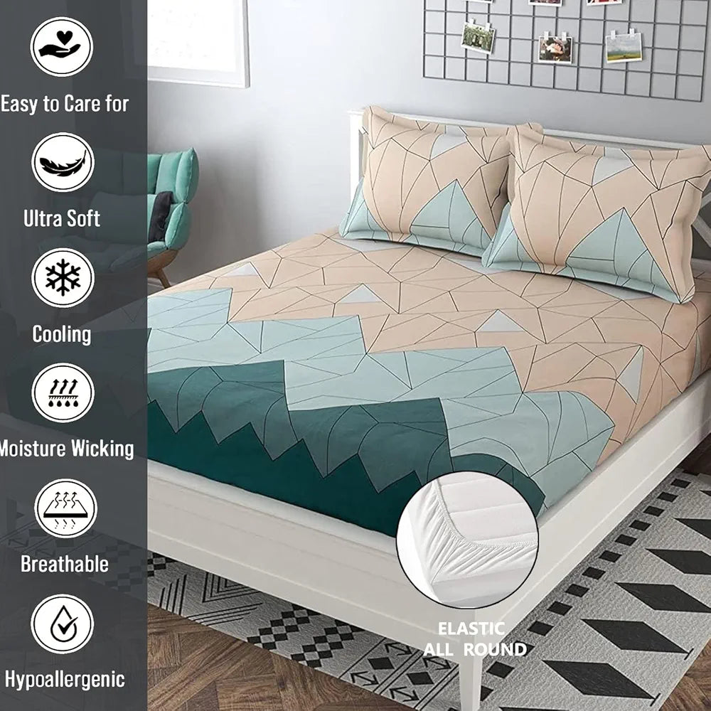 Fresh From Loom Floral Bedsheet King Size Bed With Two Pillow Cover Elastic Fitted Bed Sheets Beige Green 144 Tc Beige Green