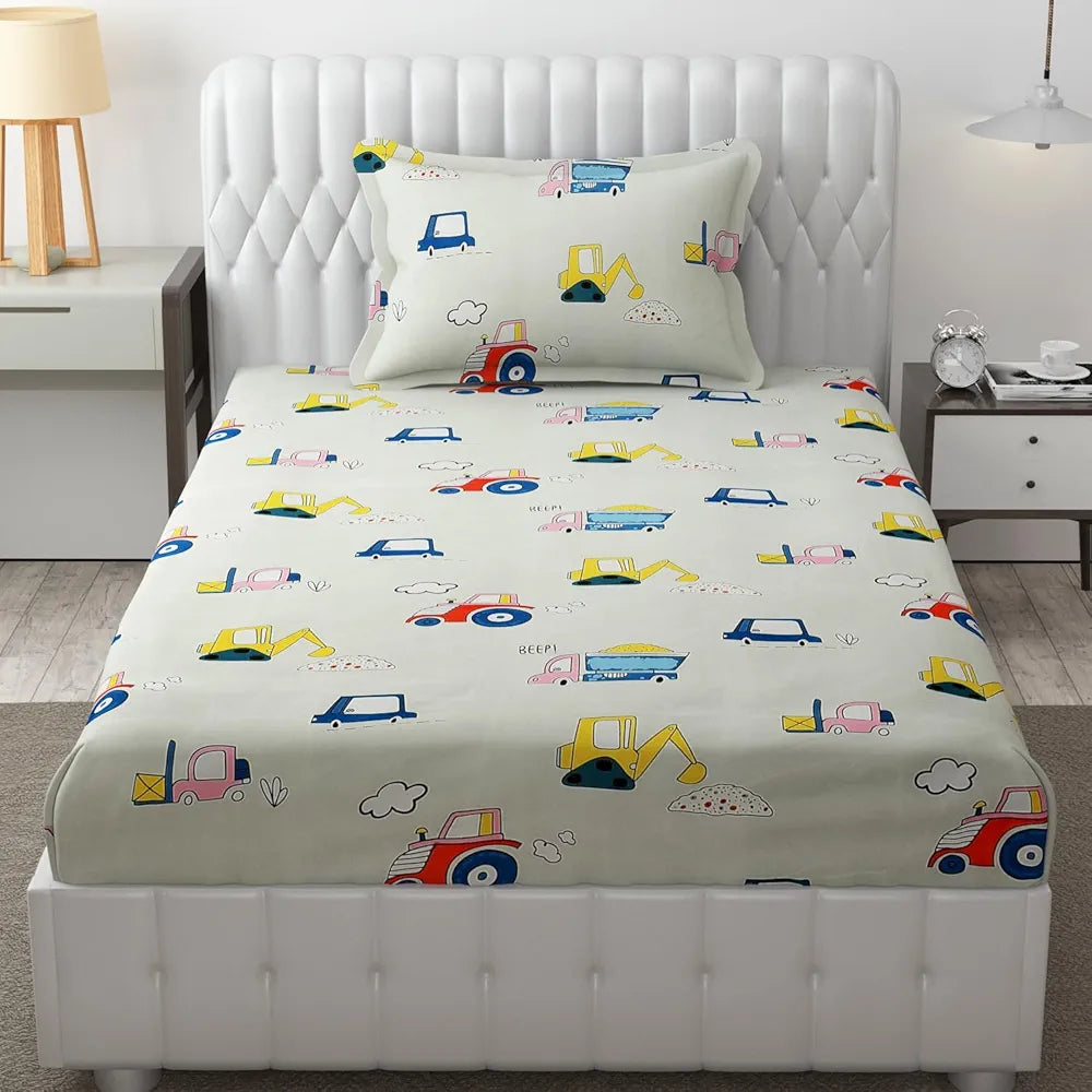 Fresh From Loom Glace Cotton 300 tc Elastic Fitted Bed Sheet With 1 Pillow Cover Cartoon Printed Cream Smallsingle