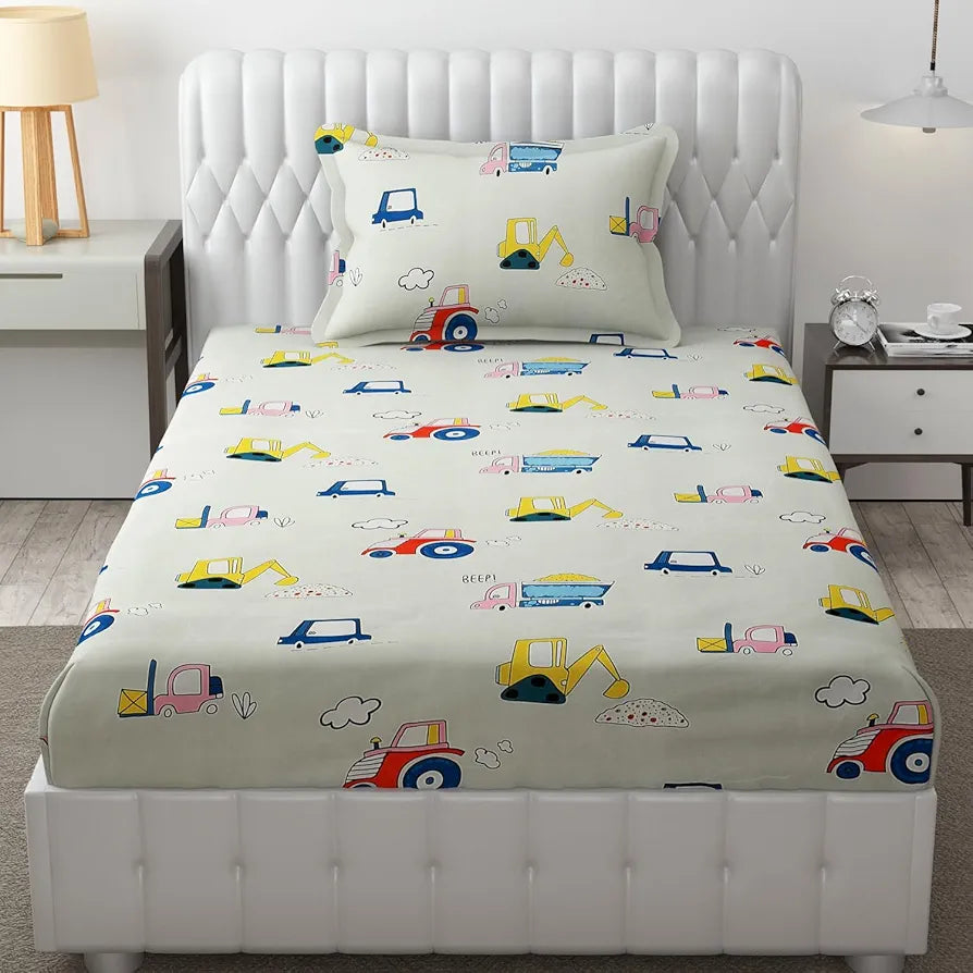Fresh From Loom Glace Cotton Cartoon Printed Single Bedsheet With One Pillow Cover Kids Bedsheet 144 TC Cream