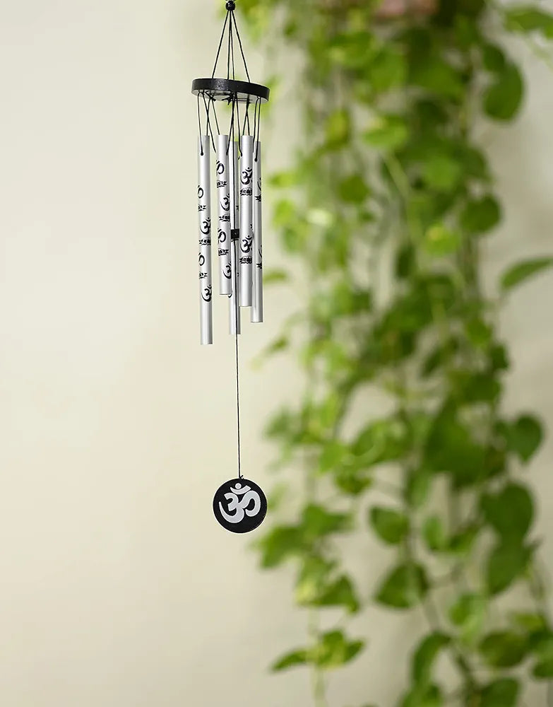 Tej Gifts Feng Shui Metal Wind Chime with Om Printed 5 Pipes for Positive Energy Silver Small