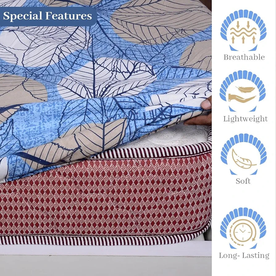 Divine Casa 144 TC Cotton Fitted Bedsheet for Double Bed with 2 Pillow Covers Colour Lichen Blue Elastic Fit for Queen Size Bed