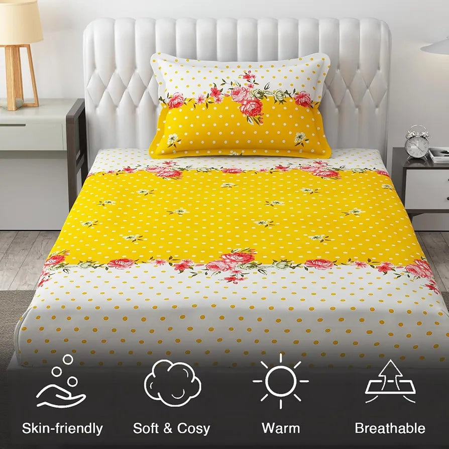 Fresh From Loom Single Bedsheet Single Size with 1 Pillow Covers 144 TC Yellow White