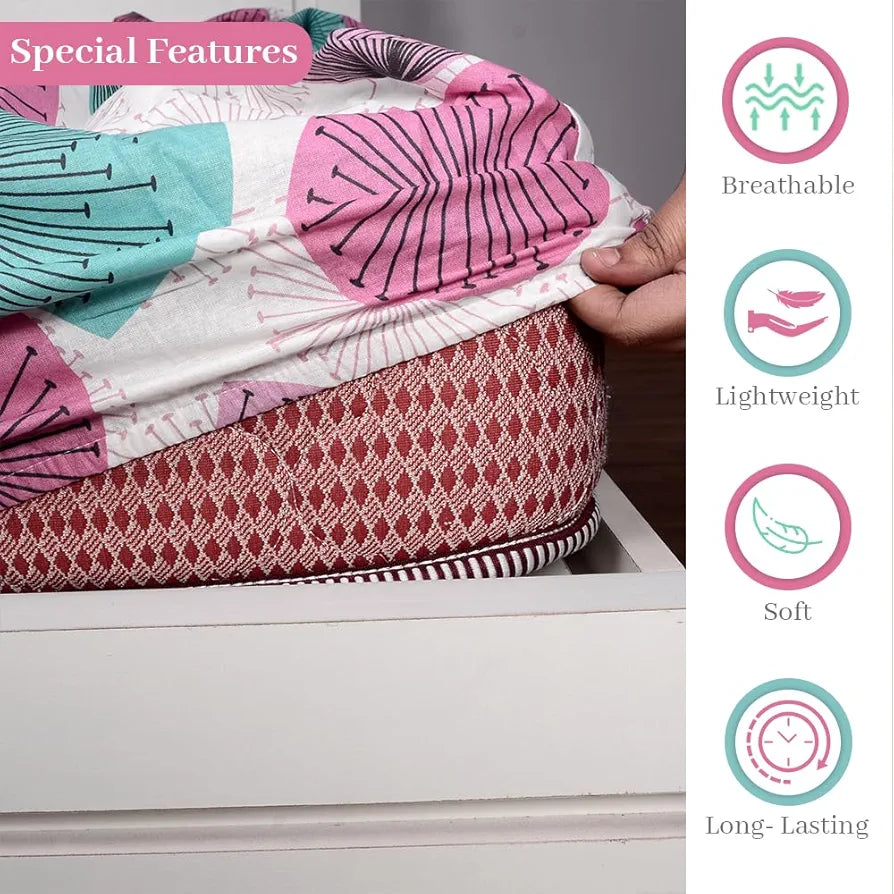 Divine Casa 100% Cotton 144 TC Floral Print Elastic Fitted Queen Size Double Bed Bedsheets with 2 Pillow Covers Colour Rose Pink