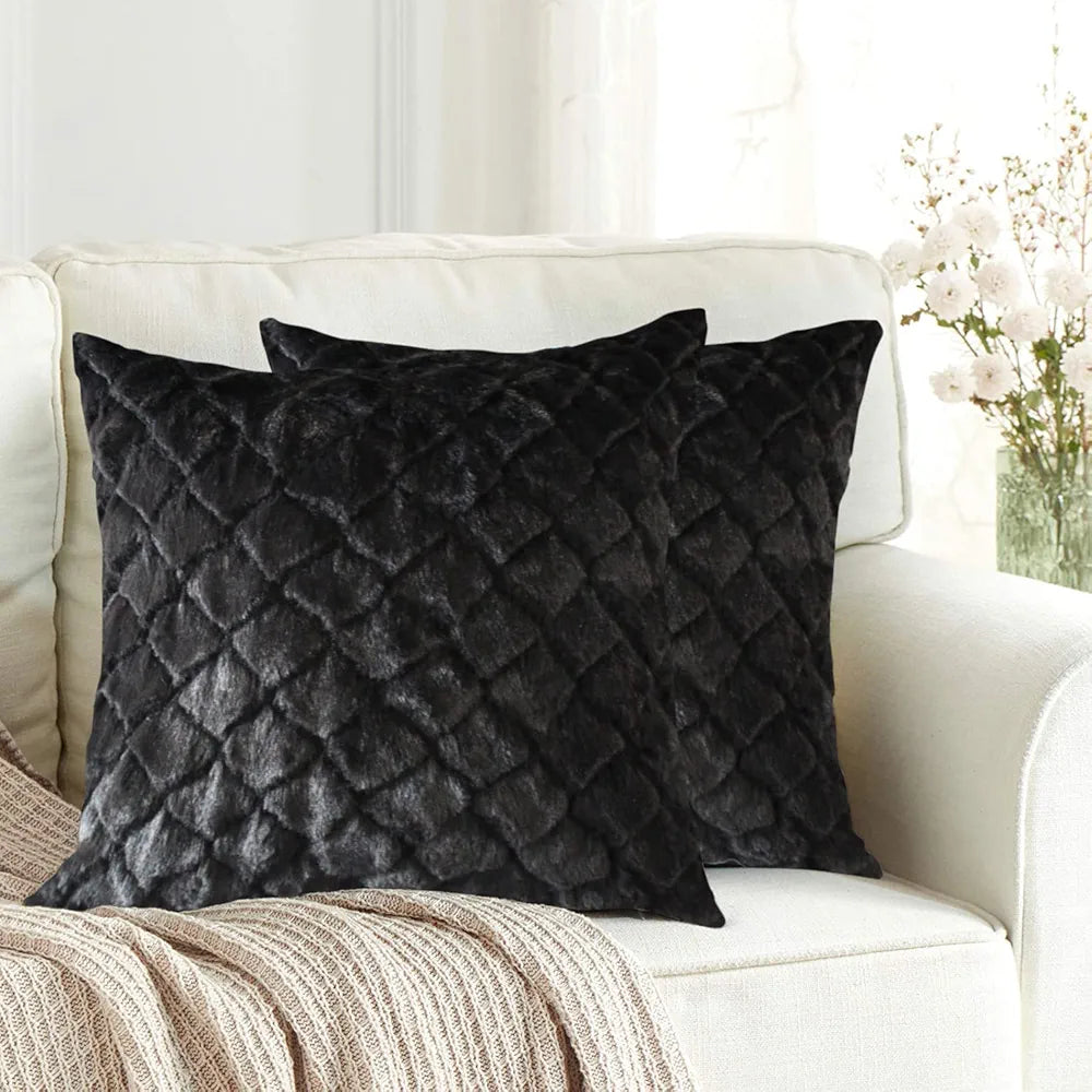 Luxe Home Cushion Cover Duble Side Rabbit Fur Diamond Design Covers Set of 2 Colour Anthra