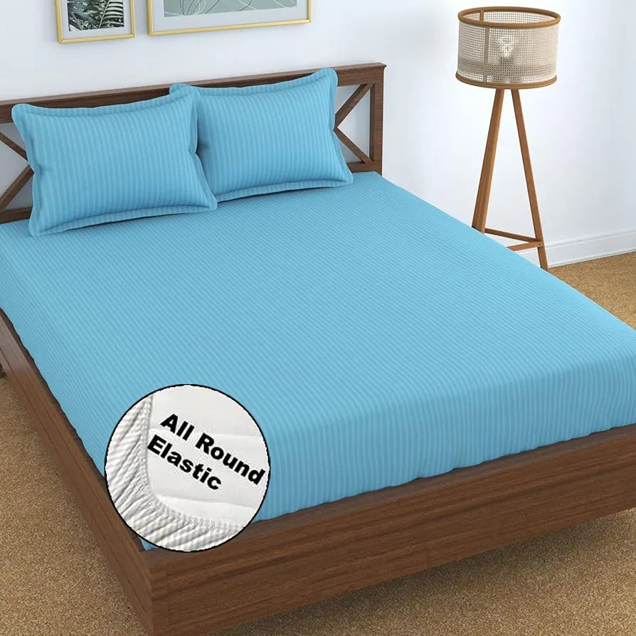 Fresh From Loom Satin Striped Soft Fitted Bedsheet King Size Bed with Two Pillow Cover Elastic Fitted Bed Sheets 240 TC Blue