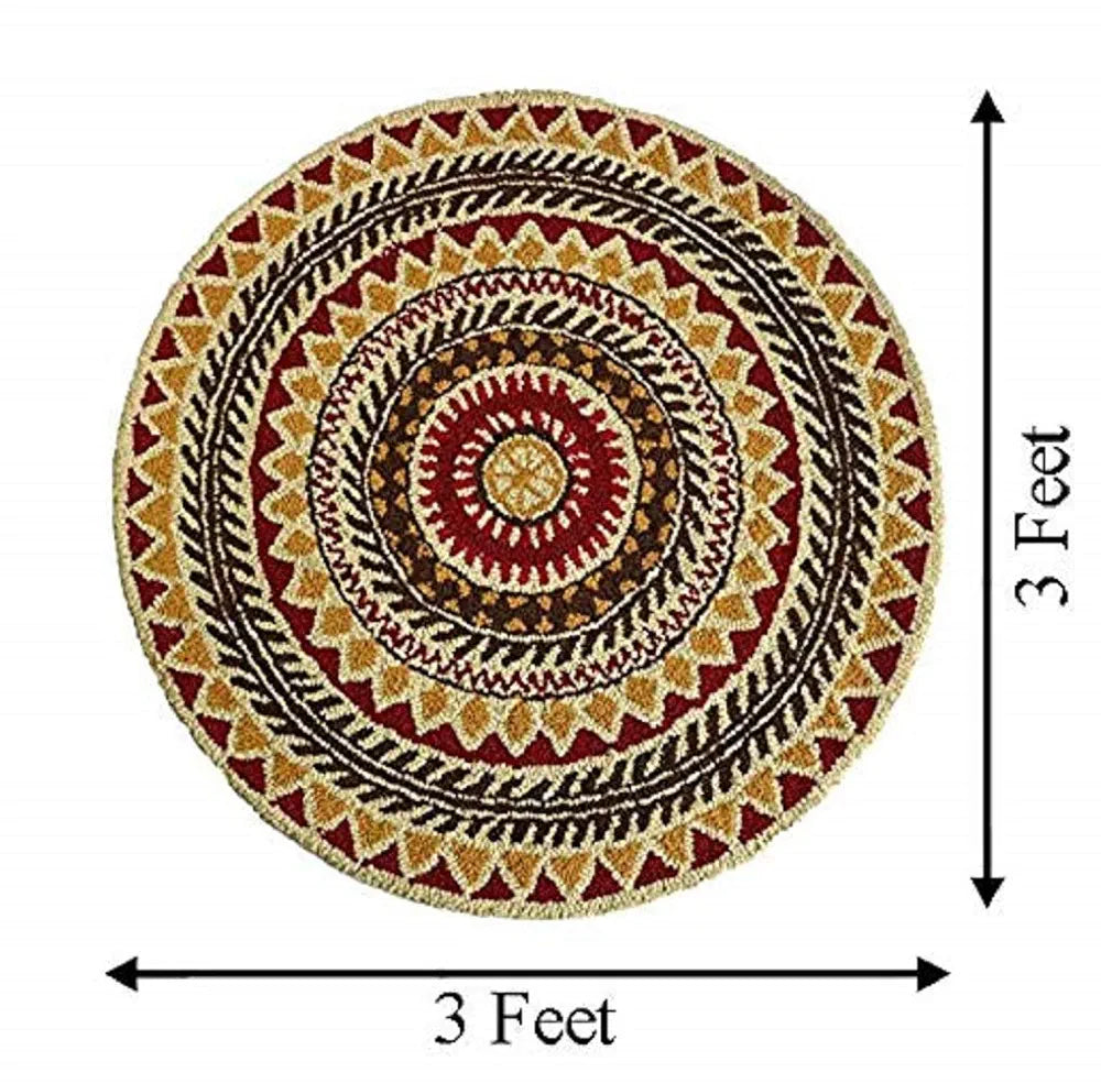 The Home Talk Tufted Round Wool Carpet Anti-Skid Backing Area Rugs for Living Room 3 Diameter Multi Rangoli