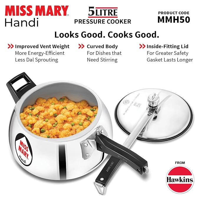 Hawkins 5 Litre Miss Mary Handi Pressure Cooker Inner Lid Cooker Silver Aluminium