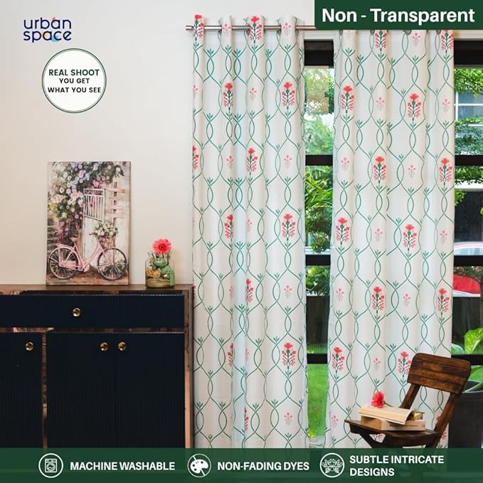 Urban Space Cotton Semi Sheer Curtains for Door Set of 2 with Eyelets and Tieback (Clour Floral Ripples Pink & Green)