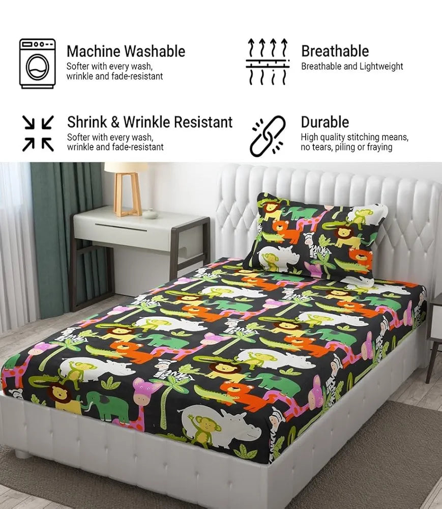 Fresh From Loom Bed Sheet Cartoon Printed Single Bedsheet Bedsheet for Kids Room with 1 Pillow Cover Multicolor 144 TC