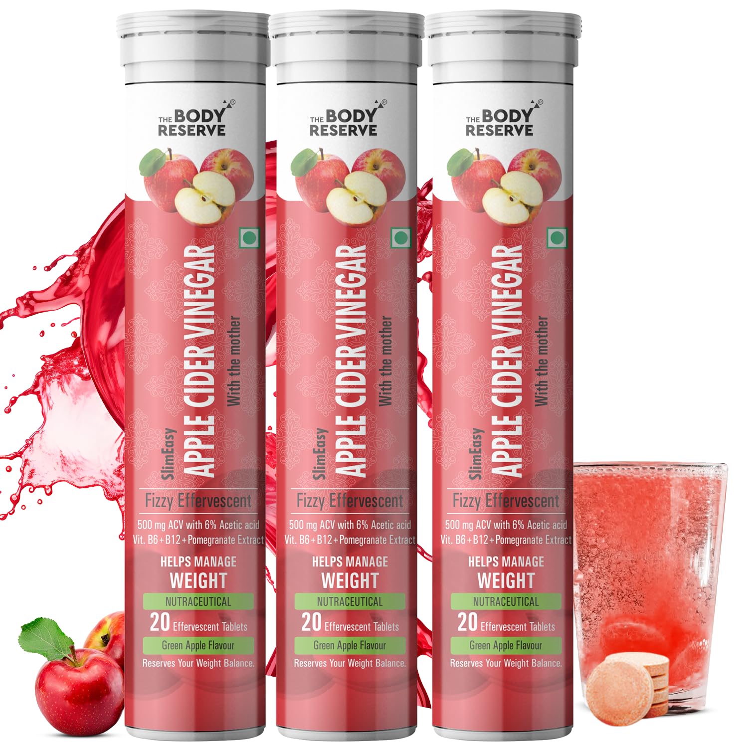 The Body Reserve Apple Cider Vinegar Green Apple Flavour Each - 20 tabs (Pack of 3)