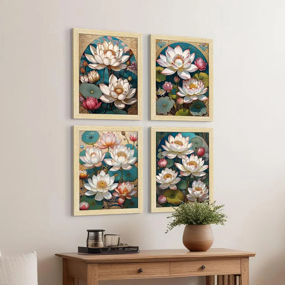 ArtX Paper Lotus Flowers Art Paintings With Frame Multicolor Set of 4