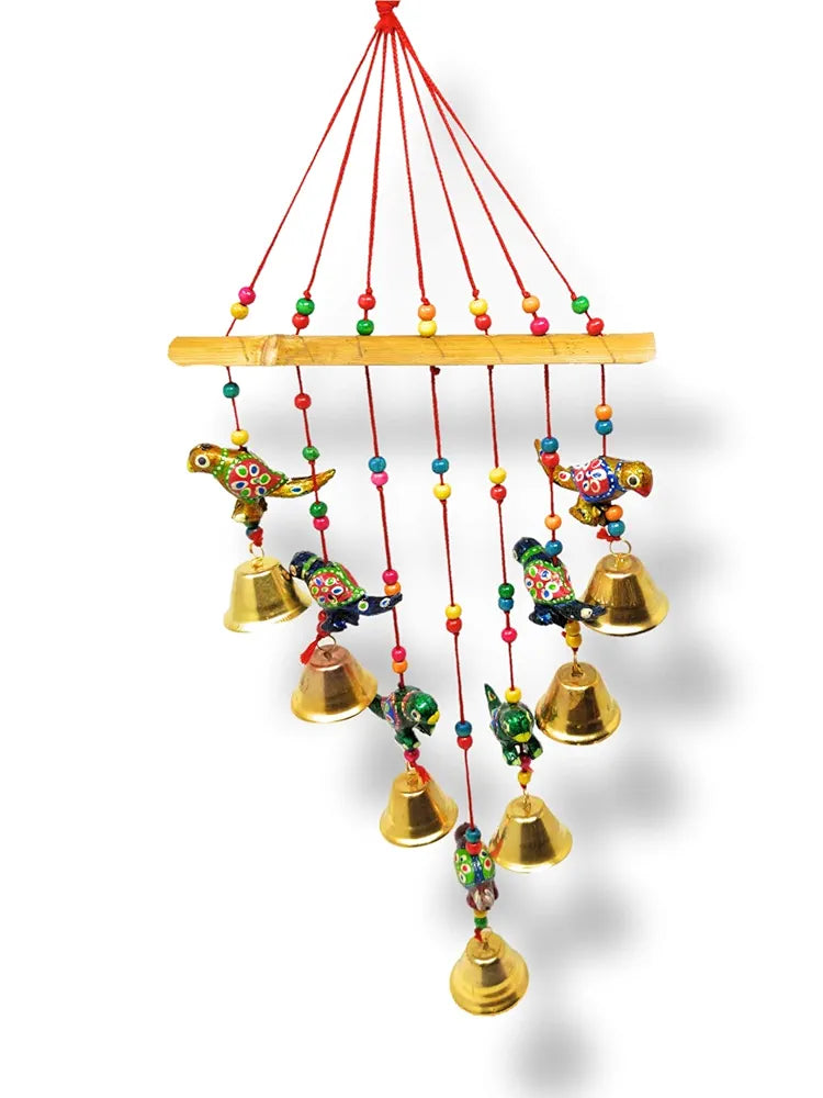 Handcrafted Recycled Material Rajasthani Wind Chime Parrots