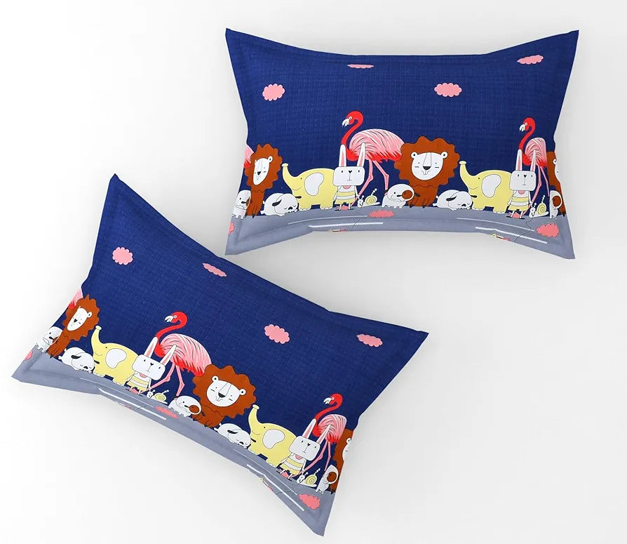 Fresh From Loom Bed Sheet Cartoon Printed Double Bedsheets King Size for Kids with 2 Pillow Cover 144 TC Animal-Blue