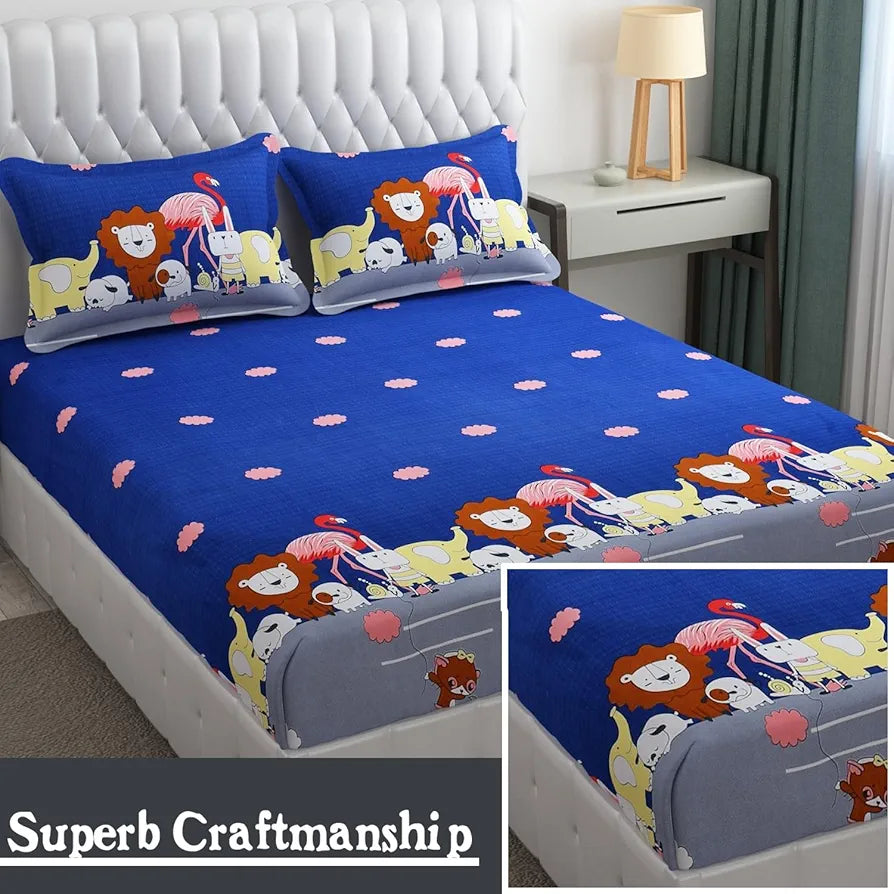 Fresh From Loom Bed Sheet Cartoon Printed Double Bedsheets King Size for Kids with 2 Pillow Cover 144 TC Animal-Blue