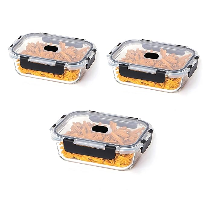 Femora Borosilicate Rectangle Glass Container With Dectahable & Break Free Lid | Black Color | 1500 Ml | Set of 3