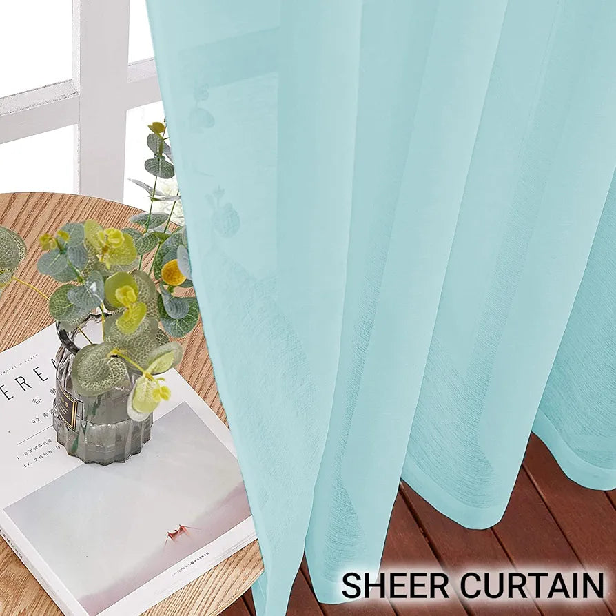 Cloth Fusion Cotton Feel Sheer Window Curtains 5 Feet Long Set of 2 Semi-Transparent Aqua