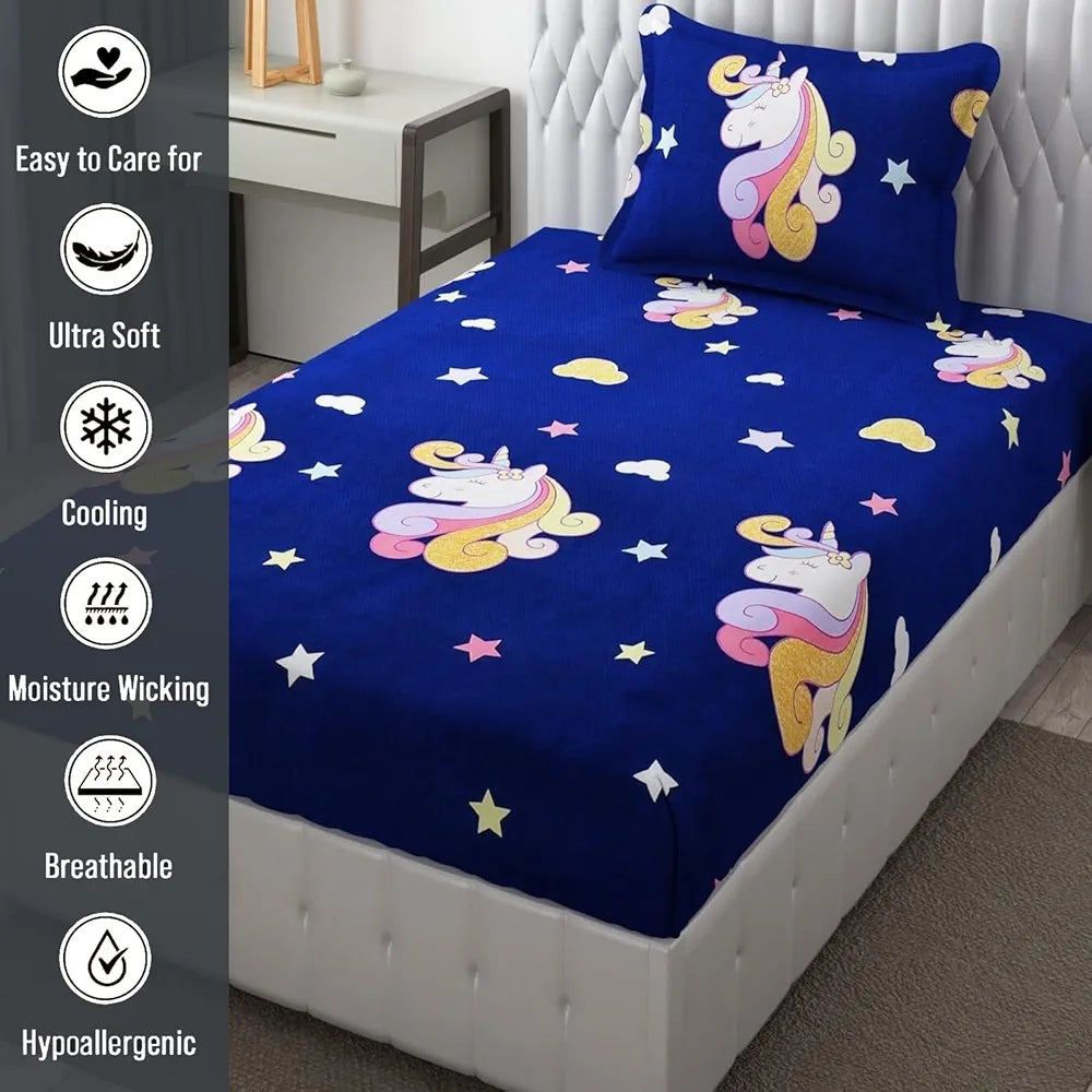 Fresh From Loom 300 TC Elastic Fitted Bed Sheet Cartoon Printed Bedsheets For Kids With 1 Pillow Cover Dinosaur Blue Smallsingle