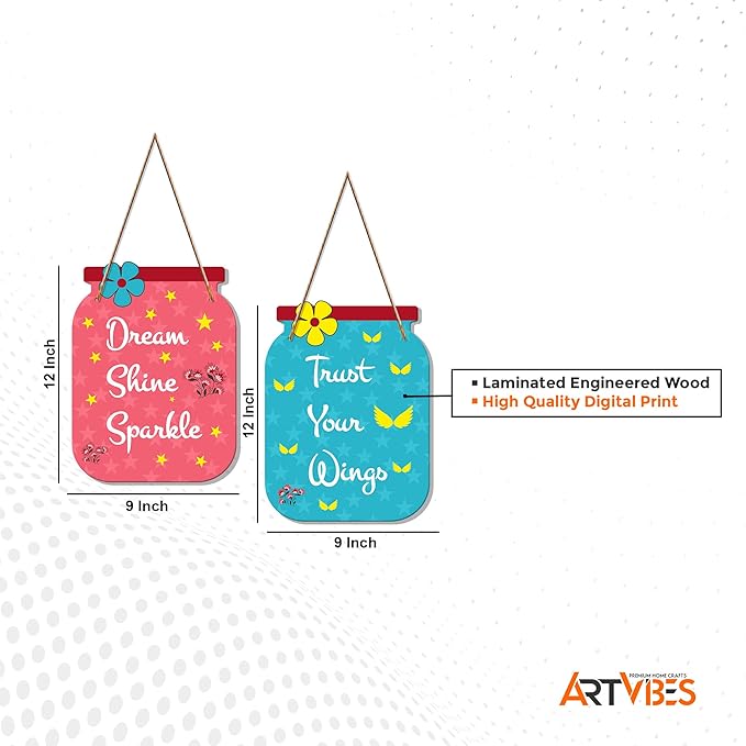 Artvibes Dream Shine Sparkle Quote Decorative Art Mdf Wooden Hanger for Living Room | Set of 2