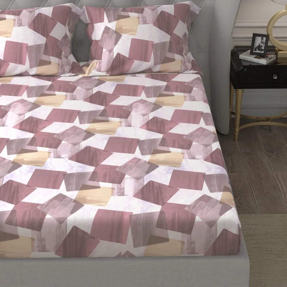 Cloth Fusion Glace Cotton Elastic 18Floral Beige6tc Abstract Fitted Bedsheet for Double Bed King Size with 2 Pillow Covers Square Brown