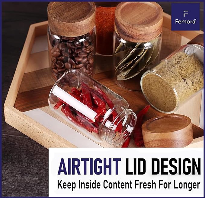 Femora Kitchen Storage Jars Borosilicate Glass With Wooden Lid Air Tight Jar | 350 Ml | Pack of 6 | Transparent