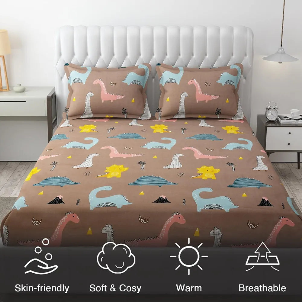 Fresh Form Loom Wrinkle Free Glace Cotton 300 TC Elastic Fitted Bedsheet For Kids With 2 Pillow Cover Rosy Dinosaur Rosy