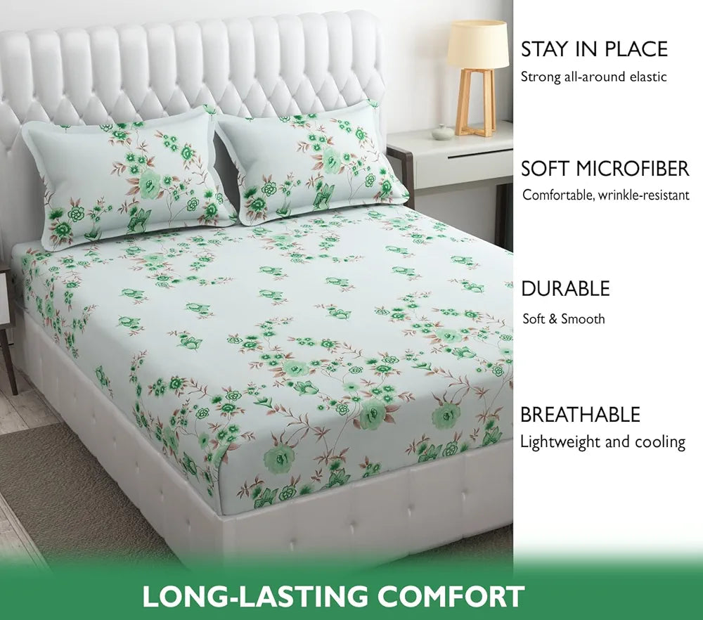 Fresh From Loom Floral Print 240 TC Microfiber Fitted King Size Bedsheet Set with 2 Pillow Cover Soft-Cyan