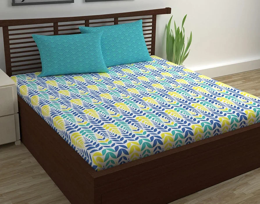 Divine Casa 144 TC Super Soft Cotton Bedsheet for Double Bed  144 Thread Count - Floral Colour Blue & Yellow