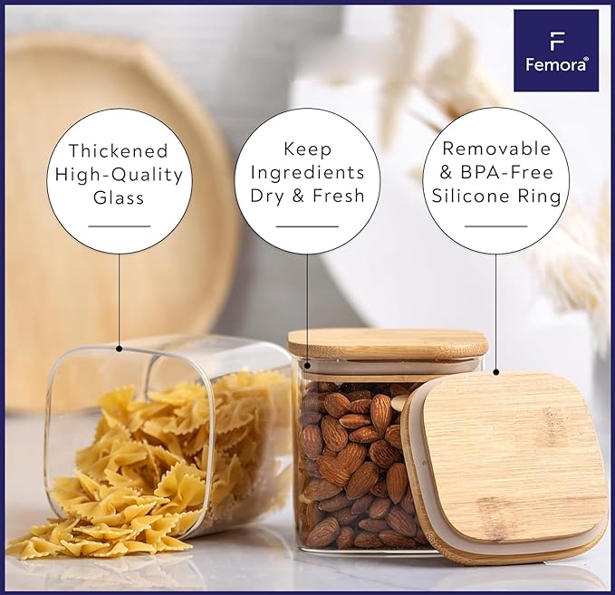 Femora Kitchen Storage Jars Borosilicate Glass Jar With Wooden Lid Air Tight Jar | 1000 Ml | Pack of 2