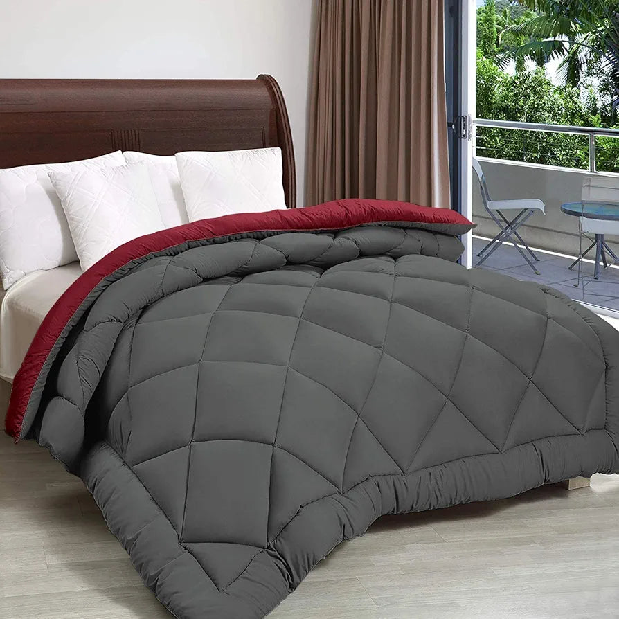 Cloth Fusion Reversible AC Comforter Set Double Bed Soft Microfibre King Size Quilt Blanket for Winter Grey & Maroon