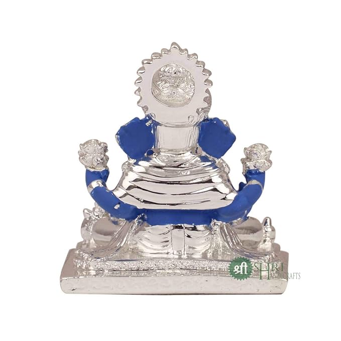 Indicast Lord Ganesha Idol Silver Plated Murti for Good Luck & Success Figurine for Office Home Decor & Gifts | Blue