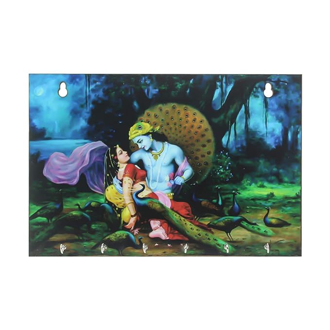 Ecraftindia Radhe Krishna Theme Wooden Key Holder With 6 Hooks