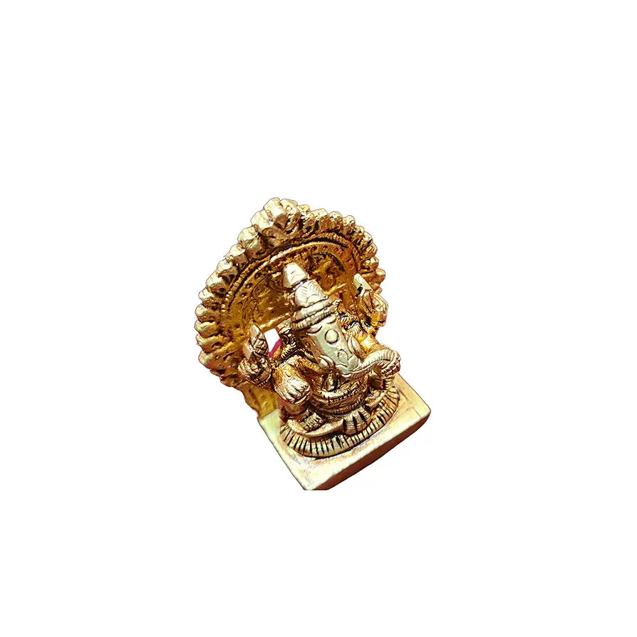anciently Mini Ganesha Brass Idol with Arch | Ganesh Chaturthi Gifts | Ganesha Idol for Car Dashboard Brass, 5CM Height, Gold Colour - 