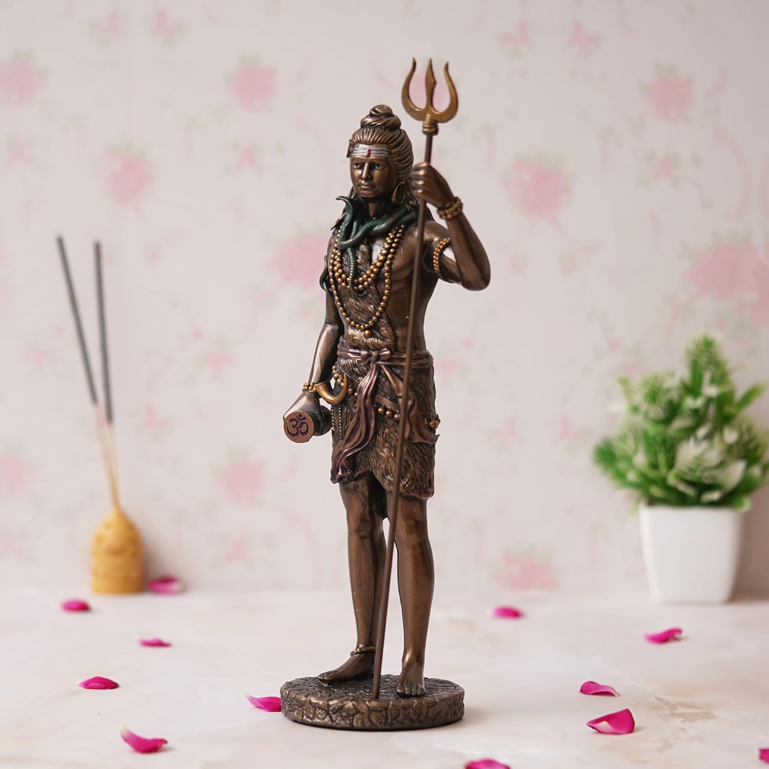 Ecraftindia Polyresin Bronze Finish Standing Lord Shiva Statue With Trishul and Damru | Hindu God Idol for Puja Room