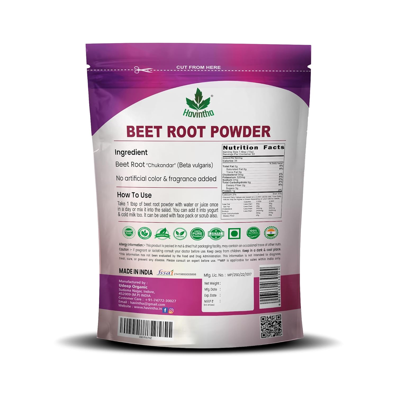 Havintha Natural Beet Root Powder For Improves Heart Health and Blood Pressure - 227 gms