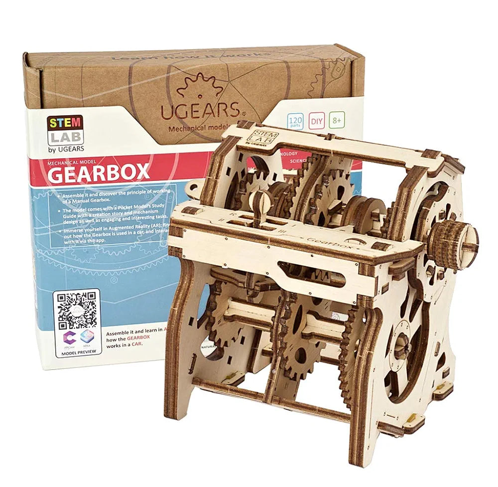 Ugears STEM Gearbox Model Kit - Creative Wooden Model Kits for Adults, Teens and Children - DIY Mechanical Science Kit for Self Assembly - Unique Educational and Engineering 3D Puzzles with App
