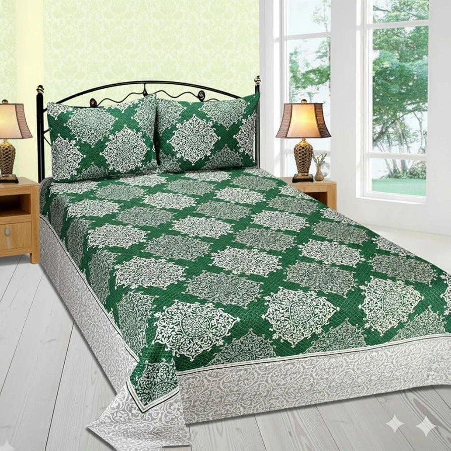 Fresh From Loom Reversible Cotton Single Bed Bedsheet 300 TC Bed Sheets with 1 Pillow Covers Green