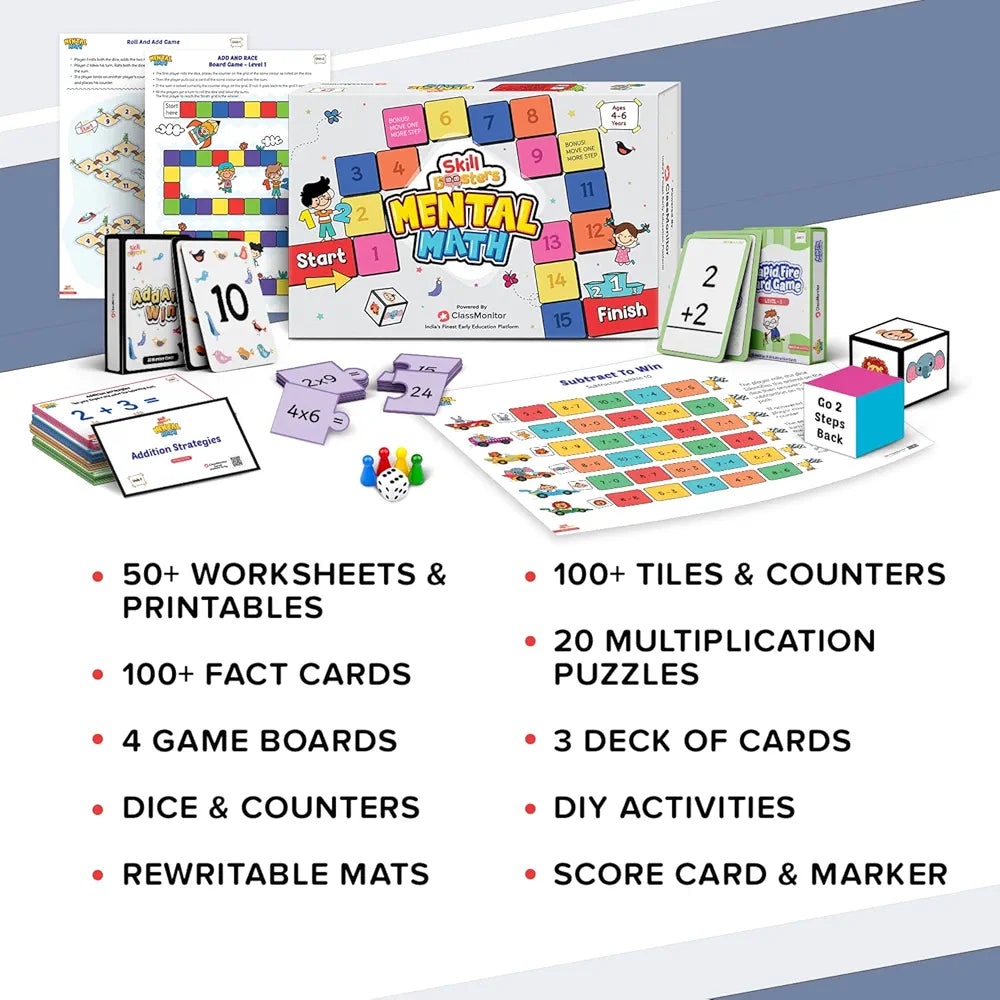 classmonitor Mental Learning Math Kit with Free Mobile App 100+ Number 20+ Puzzles 20 Practice Worksheets for Kids Children's|Age 4-6 Years